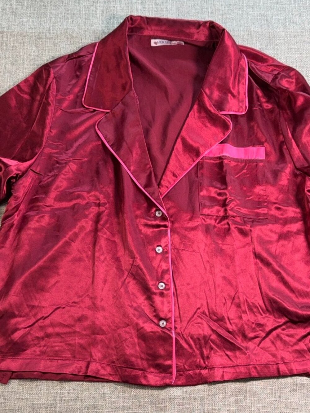 MERSEA Burgundy Satin Pajama Lounge Top Size L